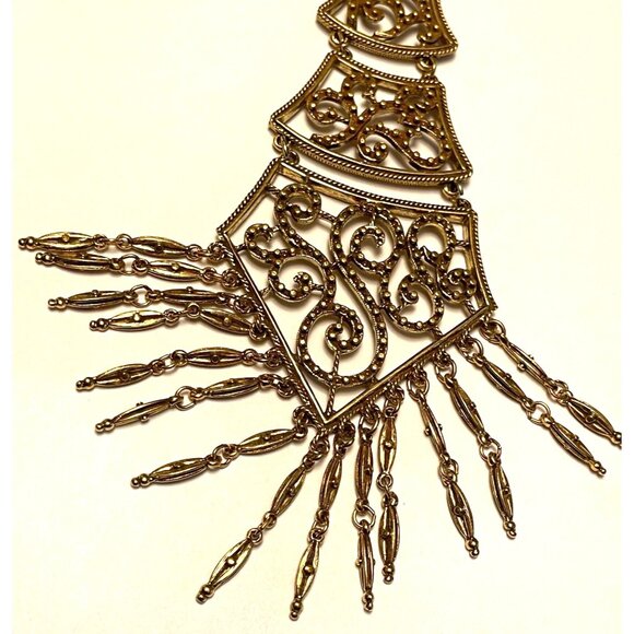 Vintage Monet Gold Filigree Paisley Tassel Statement Necklace 1970S Designer Art - Picture 2 of 16